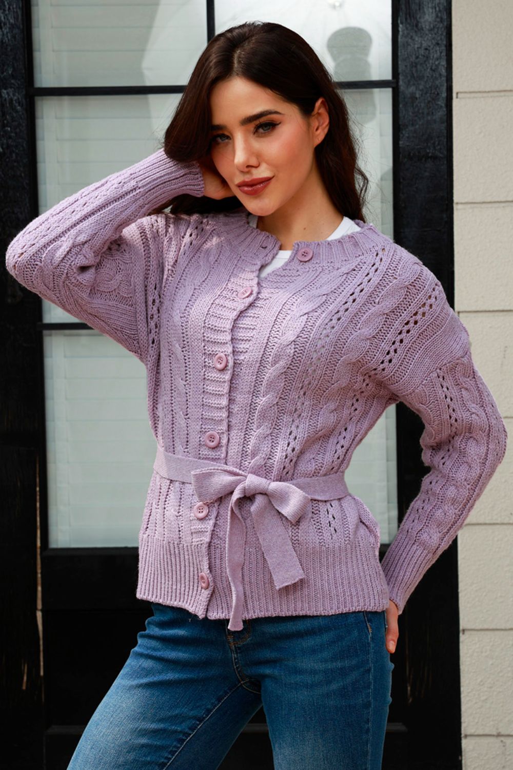 Cable-Knit Button Up Tie Front Knit Top