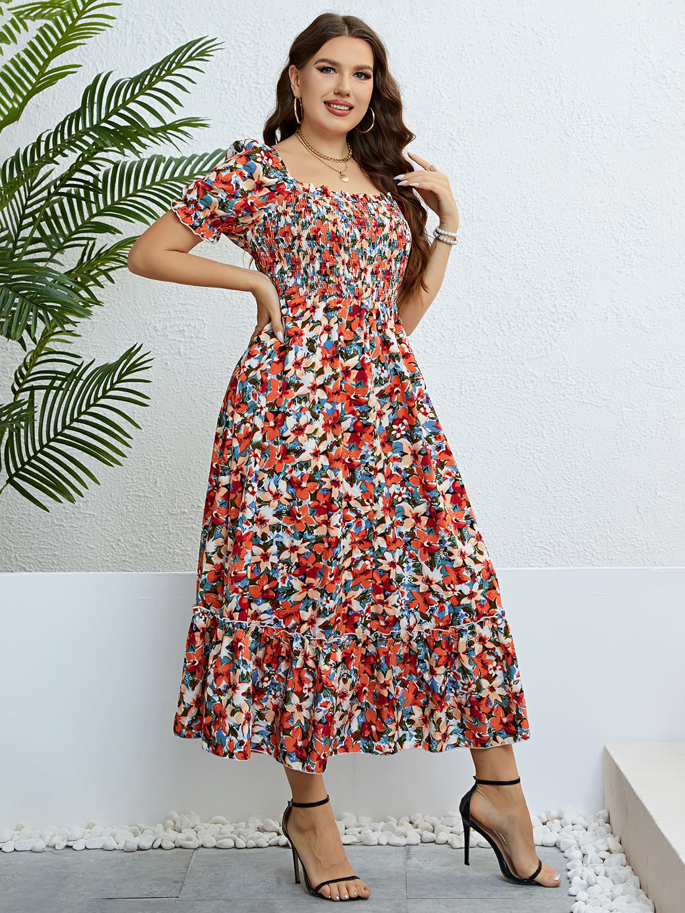 Plus Size Floral Smocked Square Neck Dress