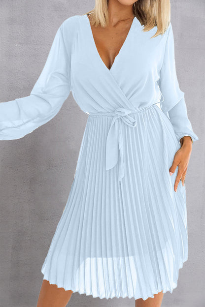 Tied Surplice Long Sleeve Pleated Dress