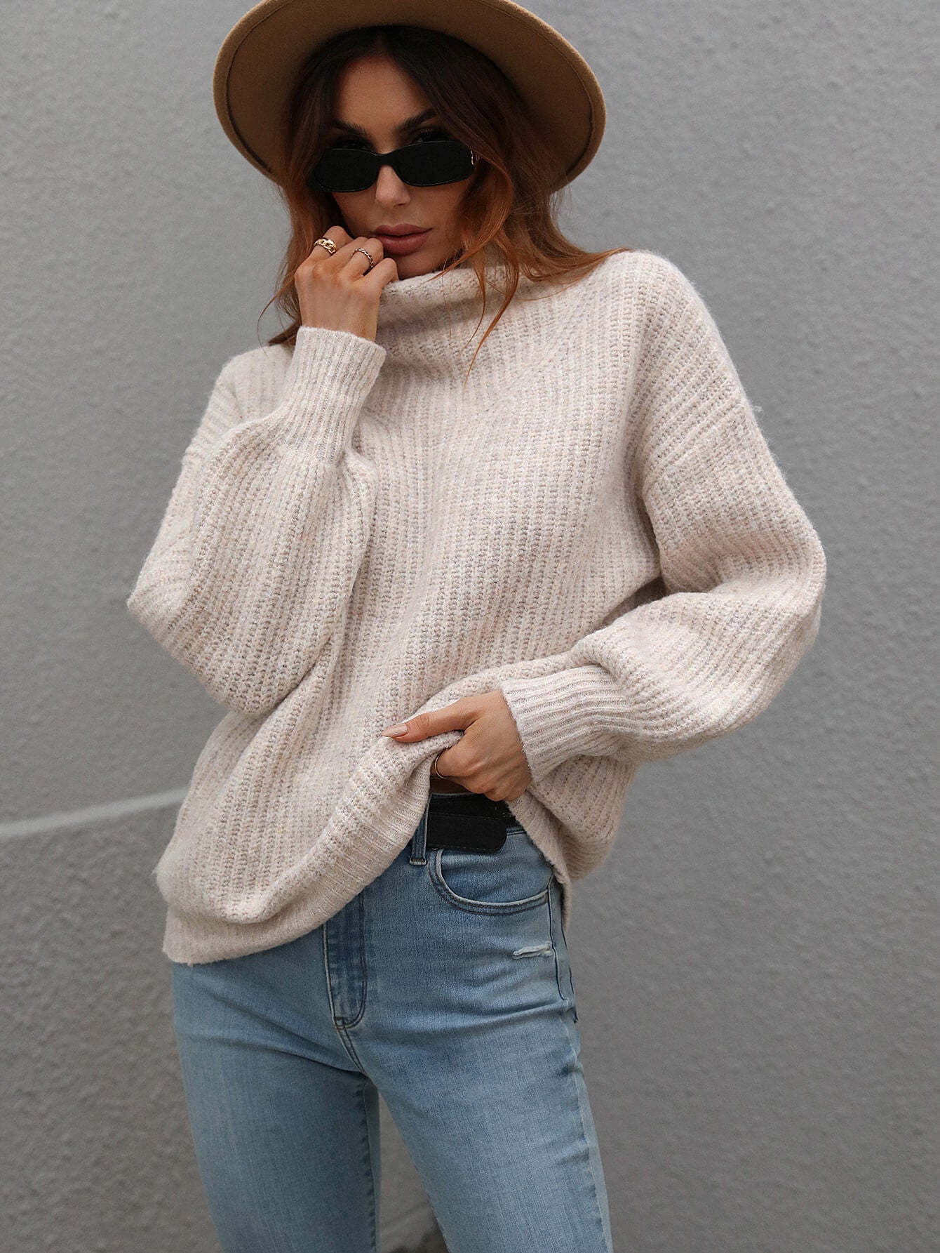 Woven Right High Neck Balloon Sleeve Rib-Knit Pullover Sweater