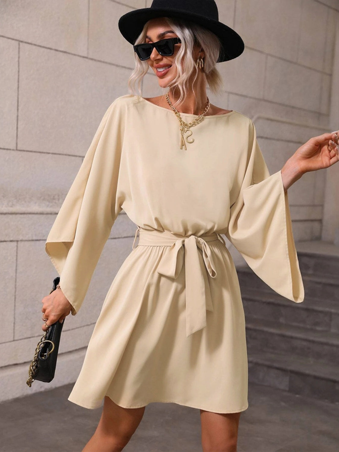 Tie Waist Kimono Sleeve Mini Dress