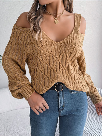 Cable-Knit Cold Shoulder Long Sleeve Sweater