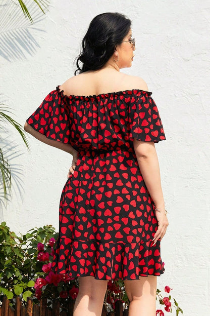 Plus Size Heart Print Off-Shoulder Tied Dress