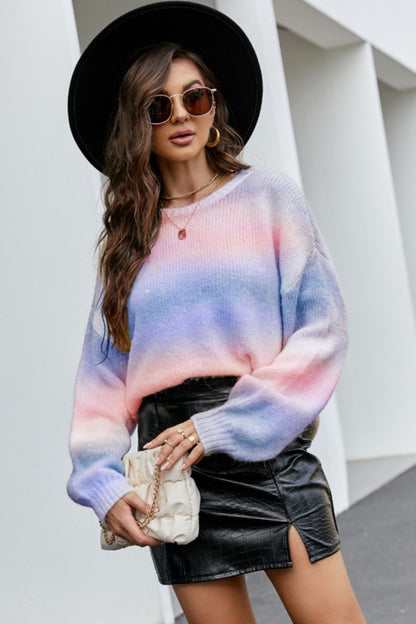 Gradient Round Neck Dropped Shoulder Sweater