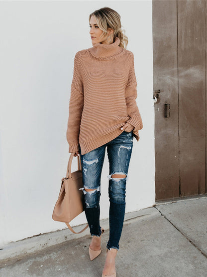 Turtleneck Dropped Shoulder Slit Sweater