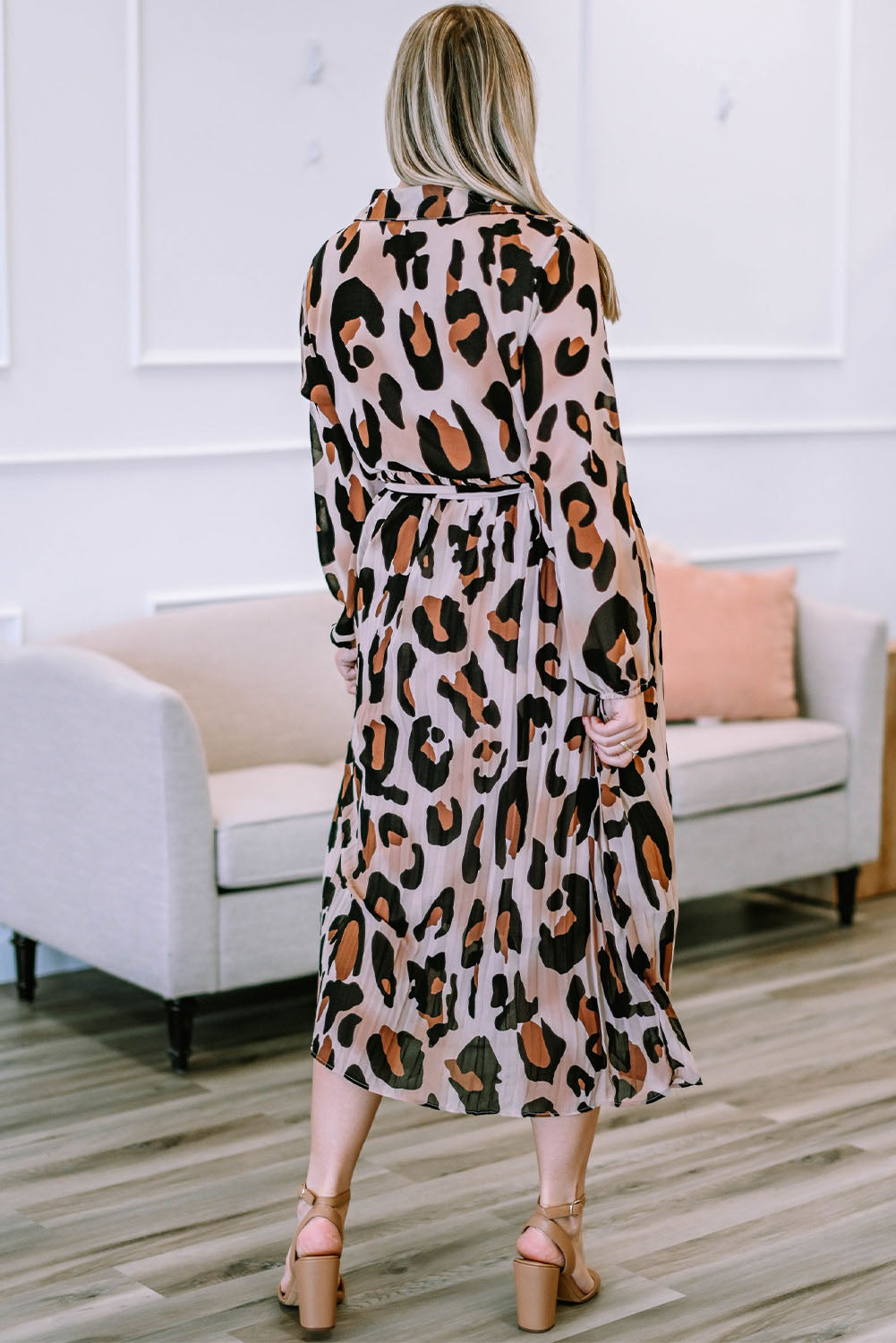 Plus Size Leopard Print Surplice Neck Long Sleeve Midi Dress