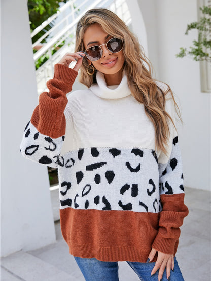 Leopard Color Block Turtleneck Sweater