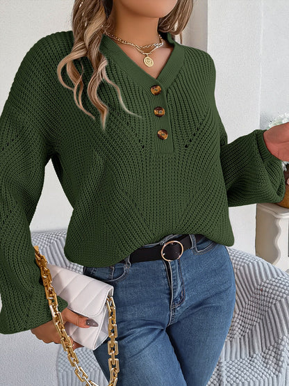 Openwork Half Button Lantern Sleeve Sweater