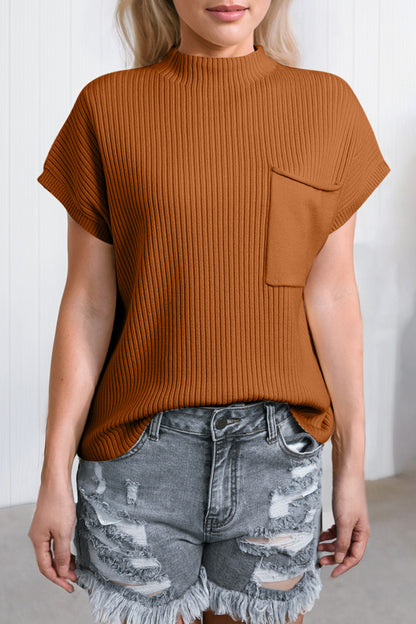 Ribbed Mock Neck Short Sleeve Knit Top