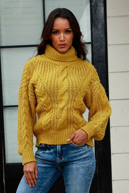 Cable-Knit Turtleneck Long Sleeve Sweater