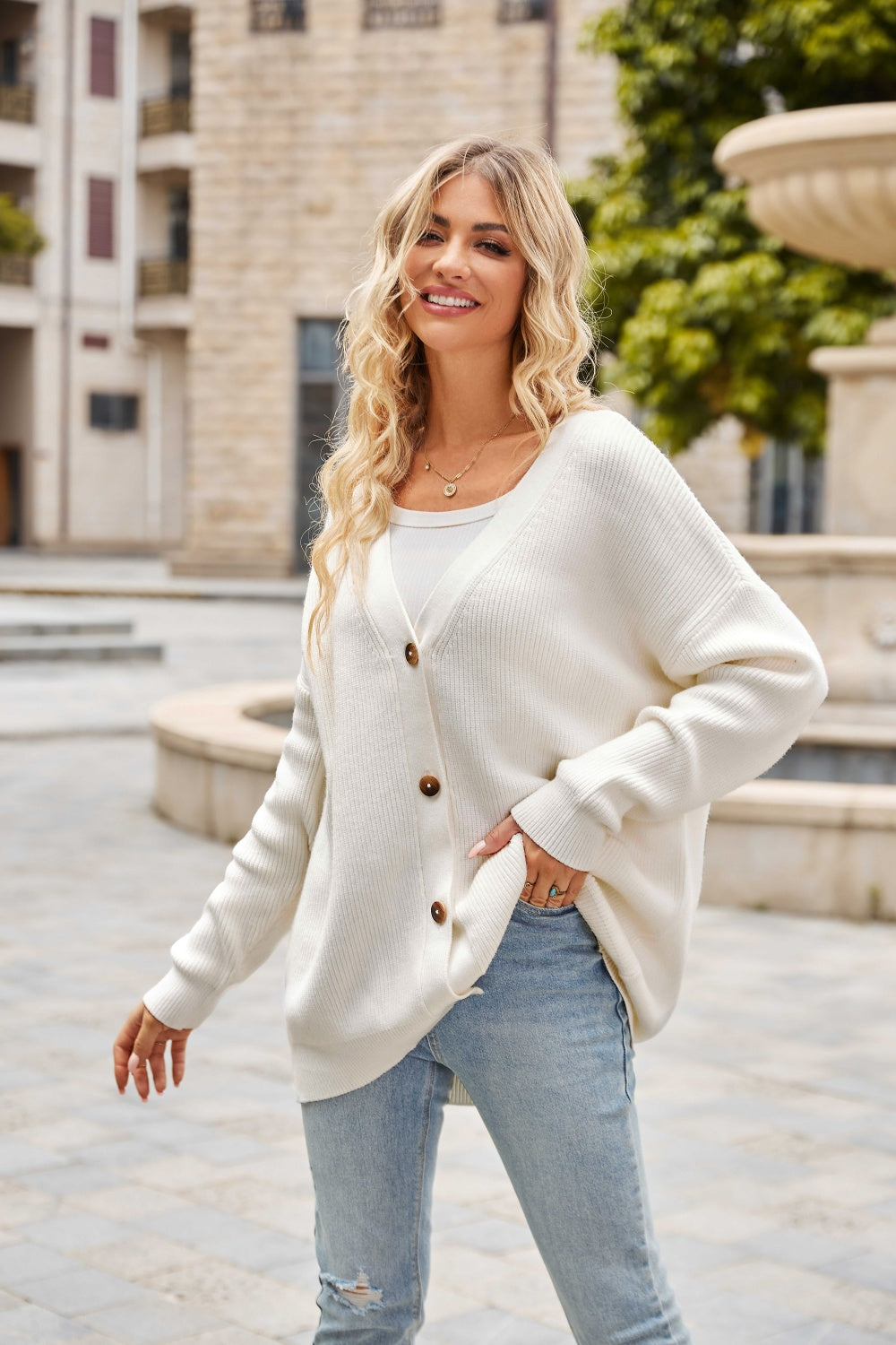 Ribbed Button Up Dropped Shoulder Cardigan