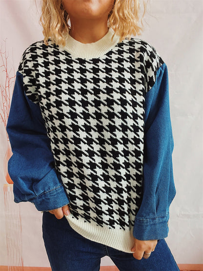 Houndstooth Denim Sleeve Sweater