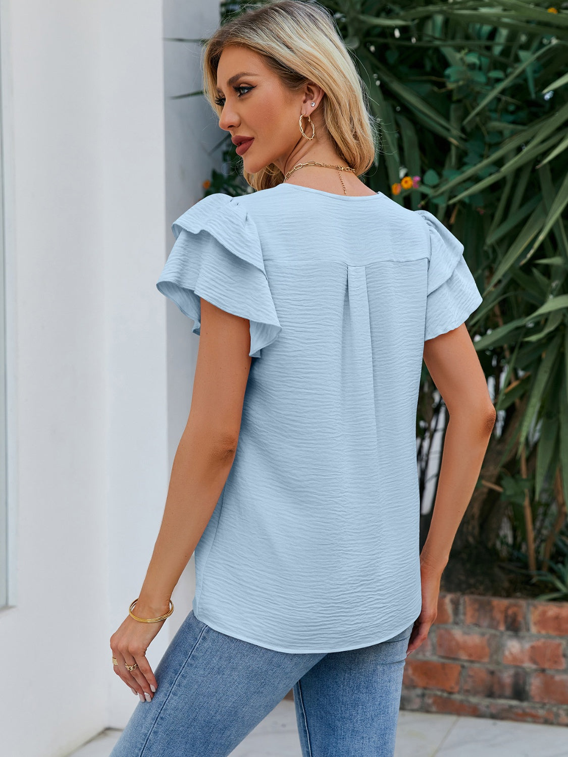 V-Neck Flounce Sleeve Blouse