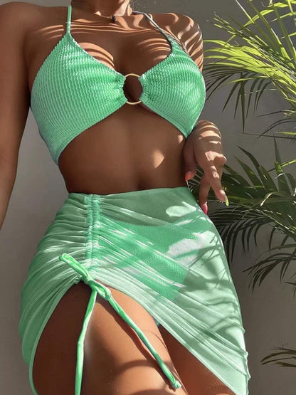 Tied Halter Neck Three-Piece Swim Set