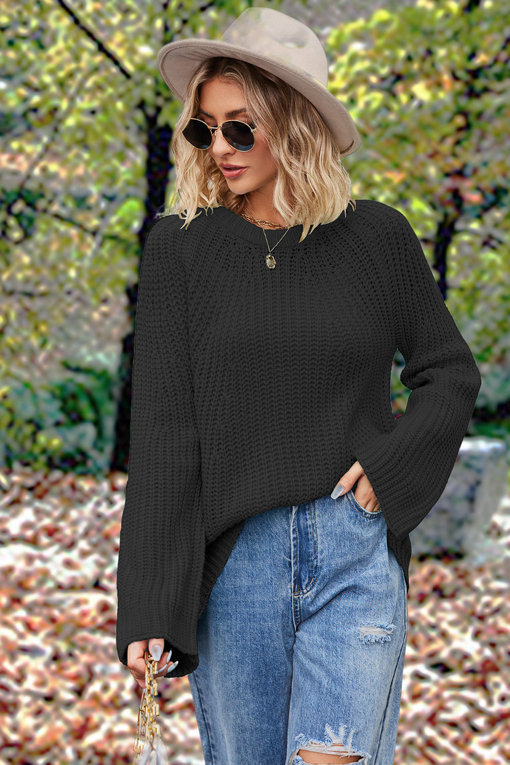 Openwork Round Neck Long Sleeve Sweater