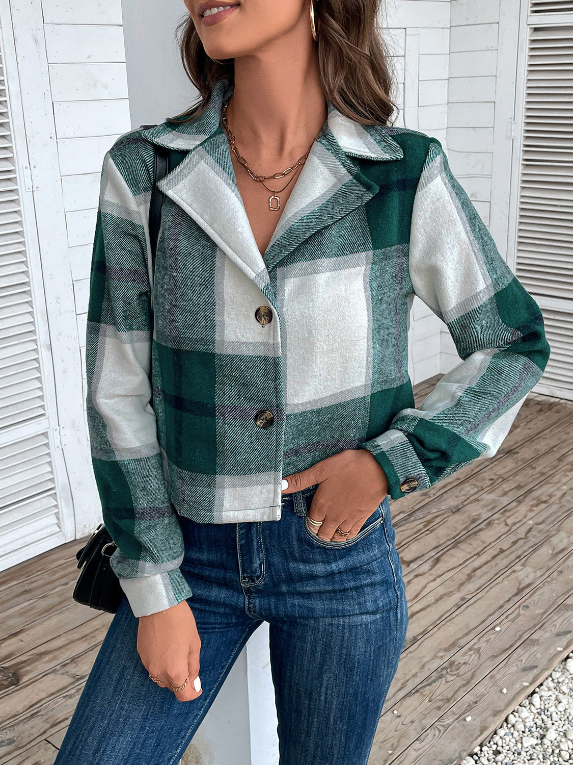 Plaid Collared Neck Button Up Long Sleeve Jacket