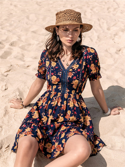 Foral V-Neck Flounce Sleeve Ruffle Hem Dress