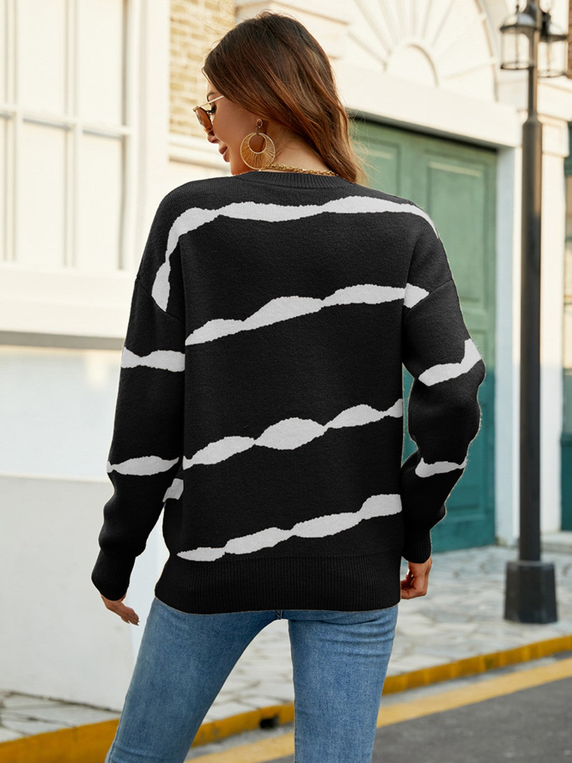 Striped Round Neck Dropped Shoulder Sweater