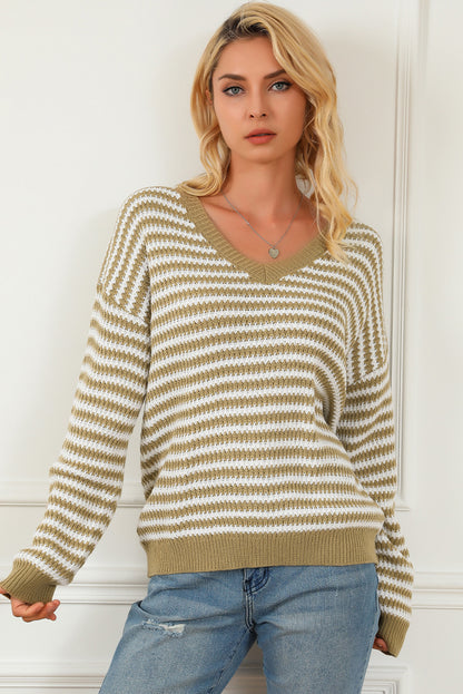 Striped V-Neck Dropped Shoulder Sweater