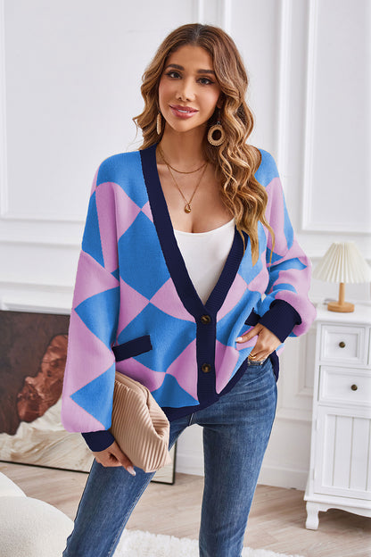 Geometric Lantern Sleeve Cardigan with Pockets