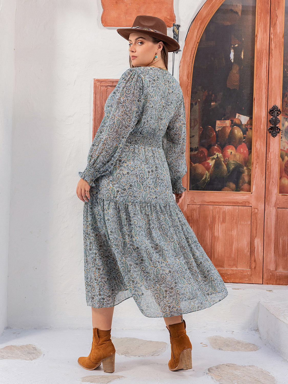 Plus Size V-Neck Long Sleeve Midi Dress