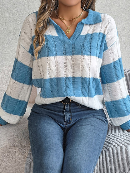 Cable-Knit Striped Long Sleeve Sweater