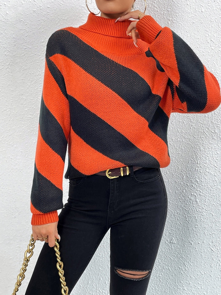 Striped Turtleneck Dropped Shoulder Sweater