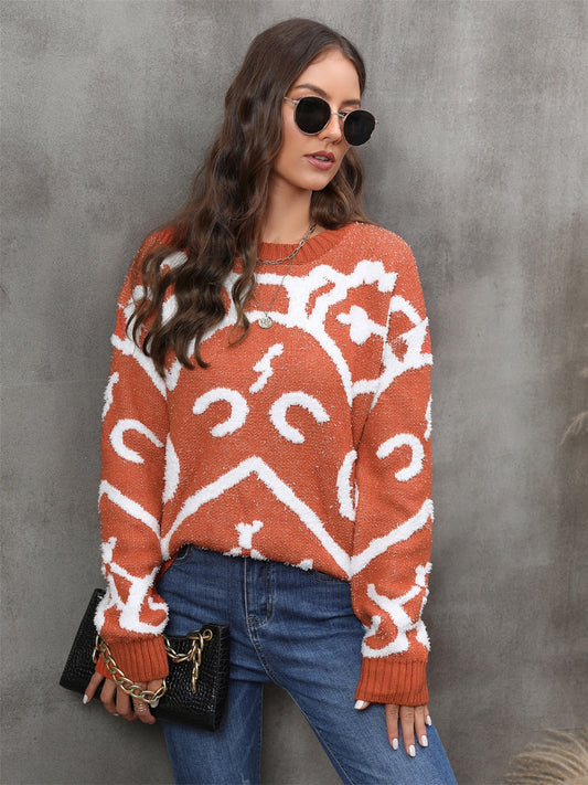 Printed Round Neck Long Sleeve Sweater