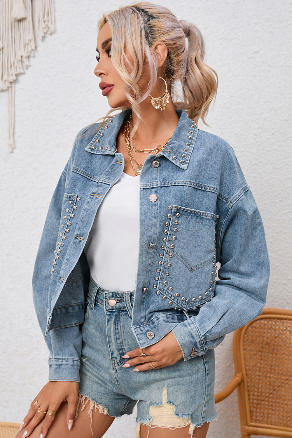 Studded Pocketed Button Up Denim Jacket