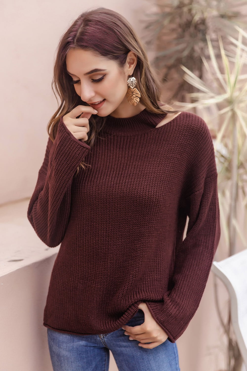 Woven Right Round Neck Cutout Dropped Shoulder Sweater