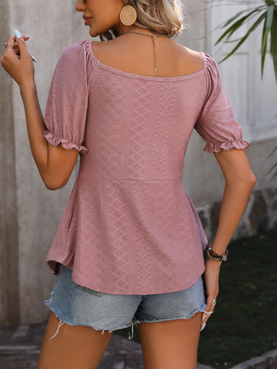 Ruched V-Neck Flounce Sleeve Blouse