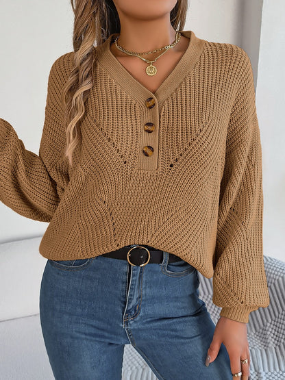 Openwork Half Button Lantern Sleeve Sweater