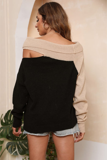 Asymmetrical Long Sleeve Two-Tone Cutout Sweater