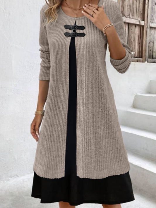 Contrast Ribbed Round Neck Long Sleeve Dress