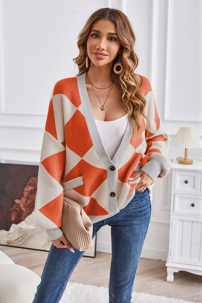 Geometric Lantern Sleeve Cardigan with Pockets