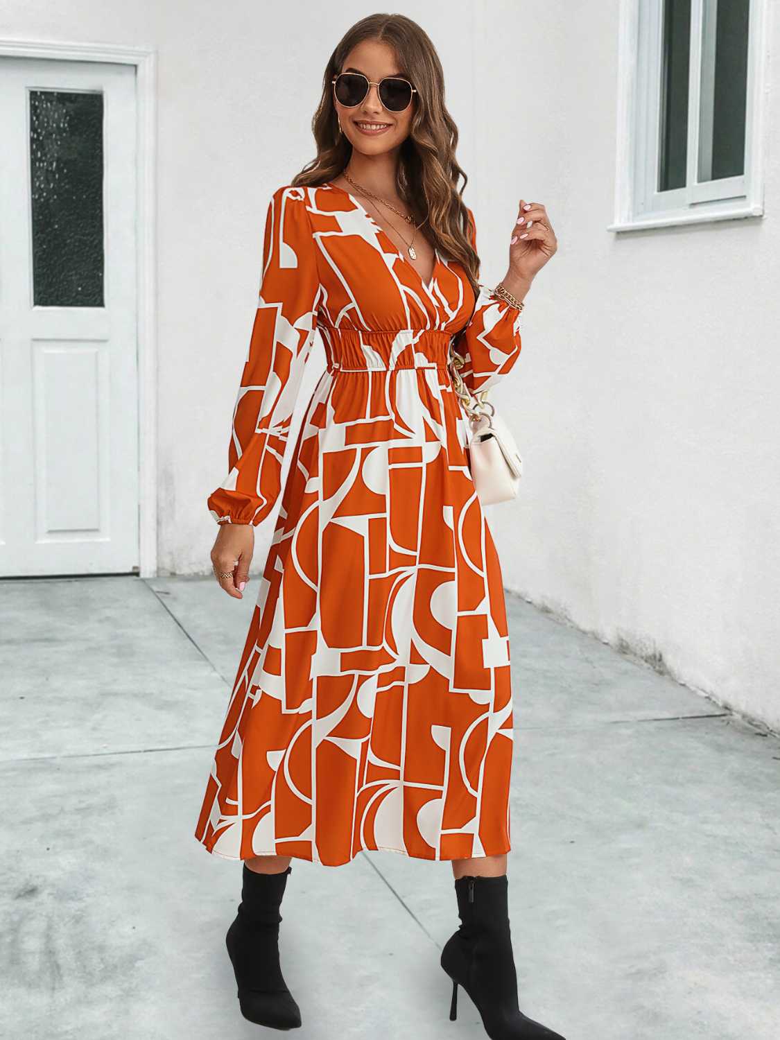 Surplice Neck Long Sleeve Midi Dress