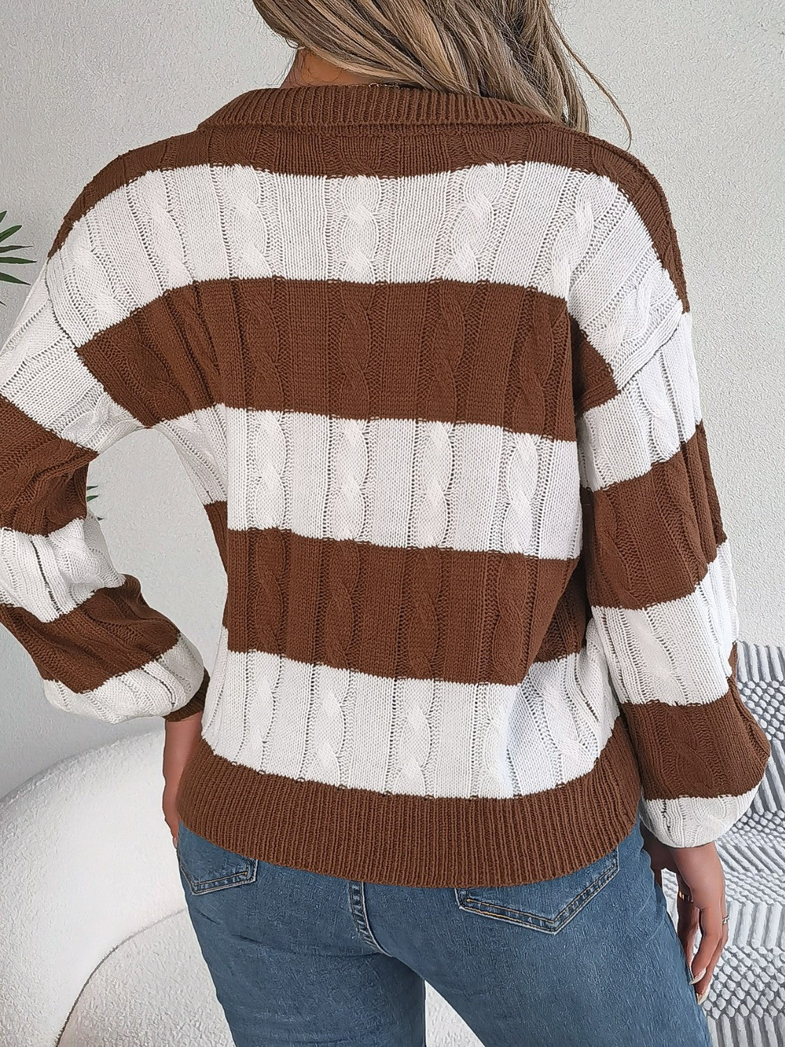 Cable-Knit Striped Long Sleeve Sweater