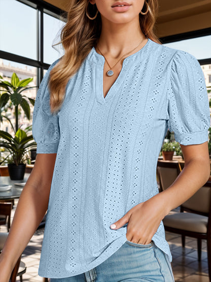 Eyelet Notched Short Sleeve Blouse