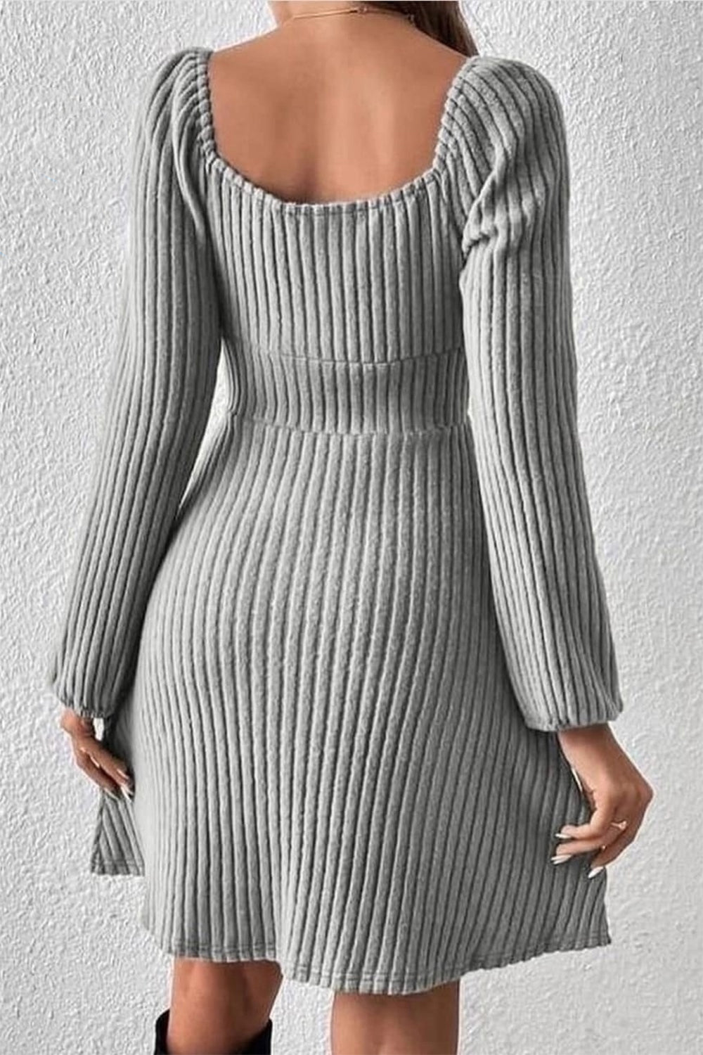 Ribbed Tied Square Neck Long Sleeve Mini Dress