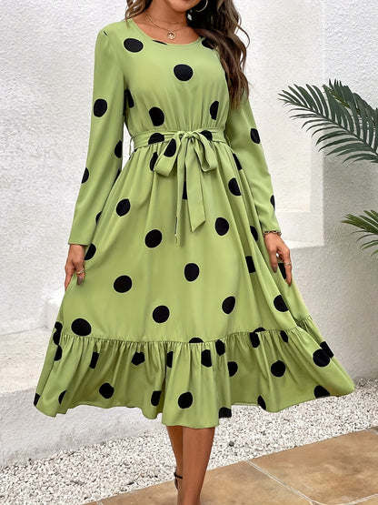 Tied Polka Dot Round Neck Ruffle Hem Dress