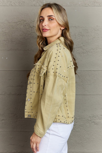 Frayed Trim Rivet Denim Jacket