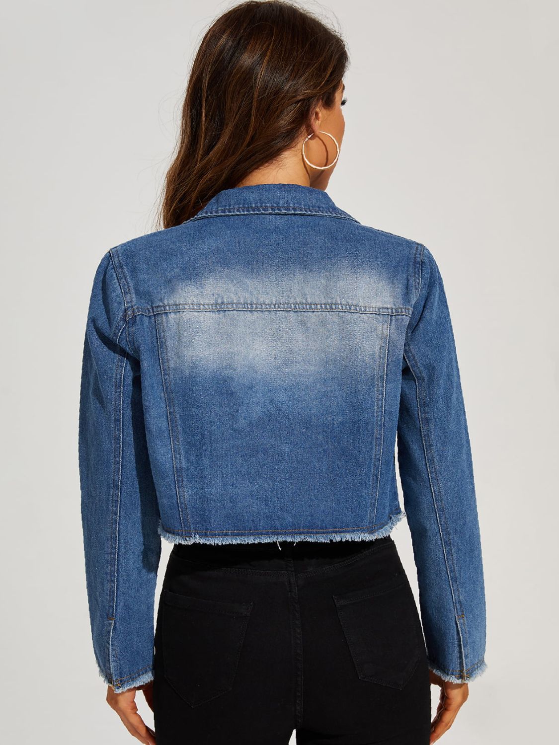 Collared Neck Raw Hem Denim Jacket