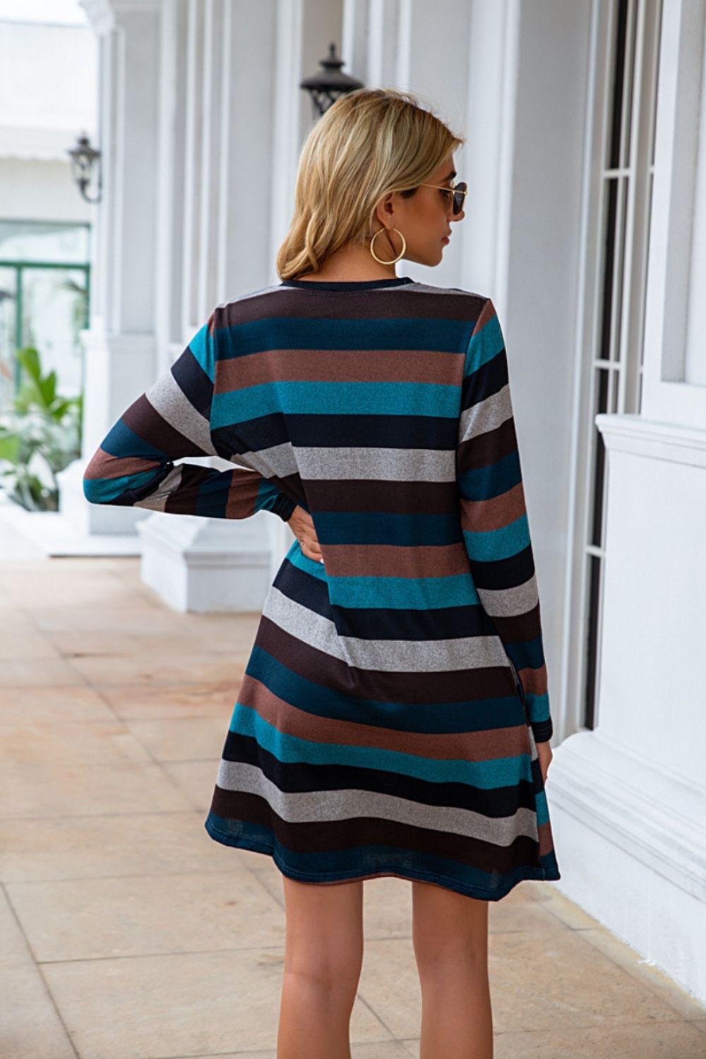 Striped Round Neck Long Sleeve Dress