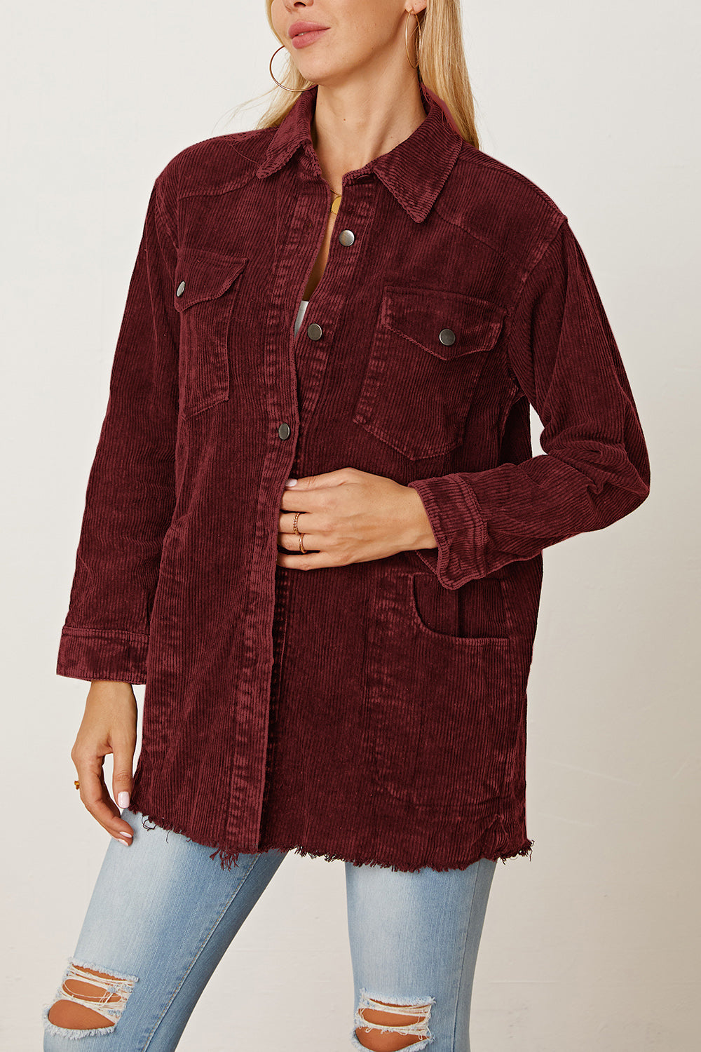 Raw Hem Pocketed Button Up Jacket