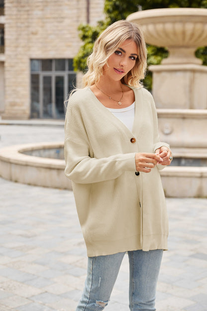 Ribbed Button Up Dropped Shoulder Cardigan