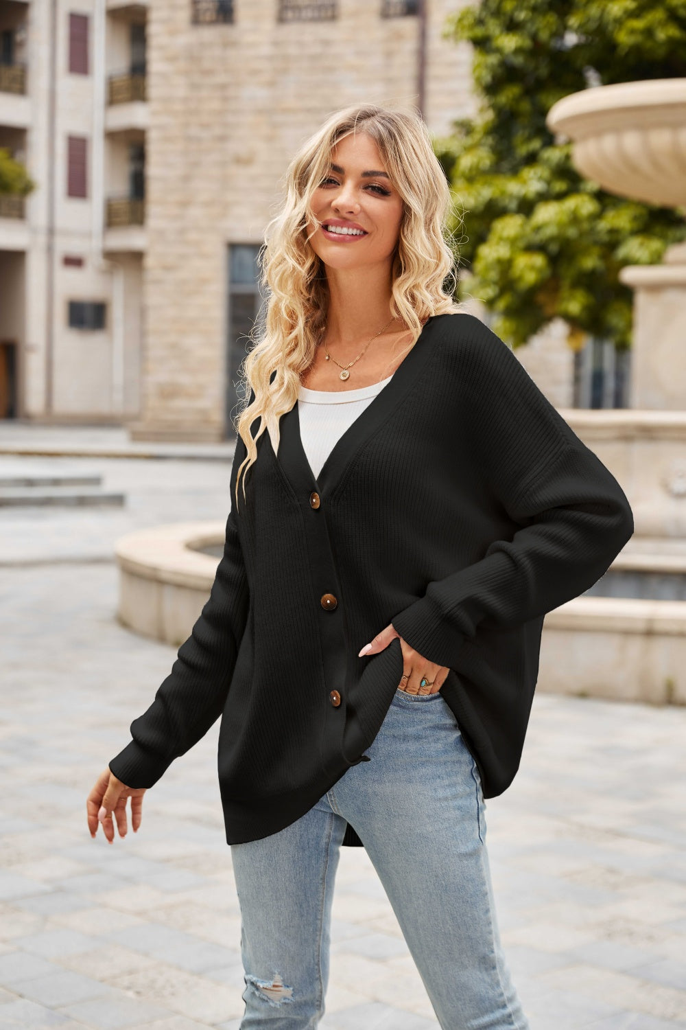 Ribbed Button Up Dropped Shoulder Cardigan