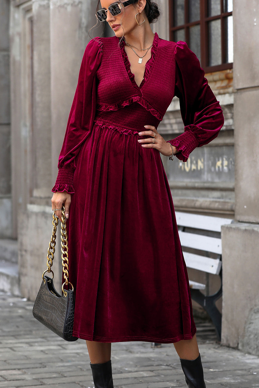 Smocked Lantern Sleeve Midi Dress