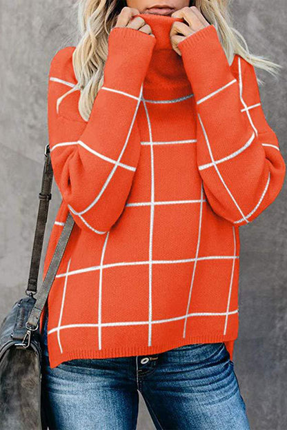 Plaid Turtleneck Drop Shoulder Sweater