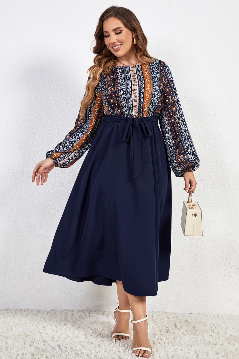 Melo Apparel Plus Size Printed Tie Belt Boat Neck Midi Dress