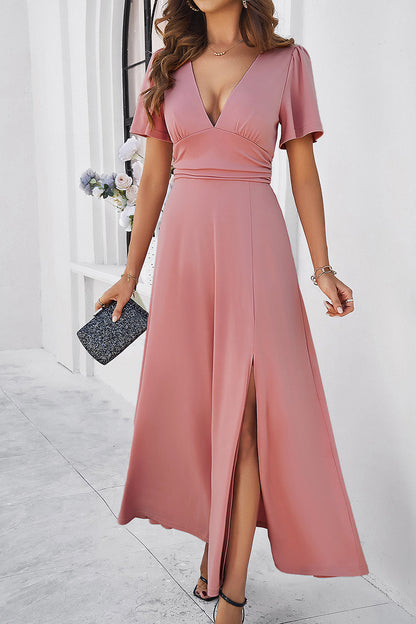 Slit V-Neck Short Sleeve Dress